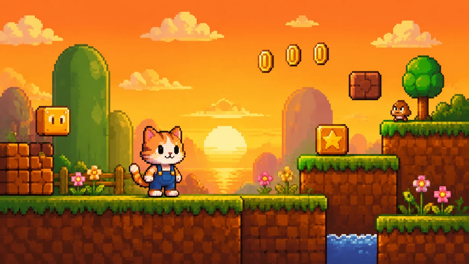 Pixel art scene of a cute cat character standing in a classic 16-bit platformer world inspired by retro Mario-style games: blocky grassy platforms, rounded hills, simple clouds, coins, question-block-like cubes (not exact copyrighted designs), small flowers, and a warm golden-hour atmosphere. The sky is a rich yellow-orange gradient, glowing sunlight, cozy nostalgic arcade feel, crisp square pixels, vibrant colors, charming composition, no text, no logos.